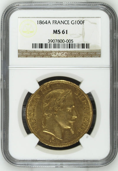 アンティークコインギャラリア 1864A年 フランス ナポレオン三世 100フラン金貨 有冠 MS61
