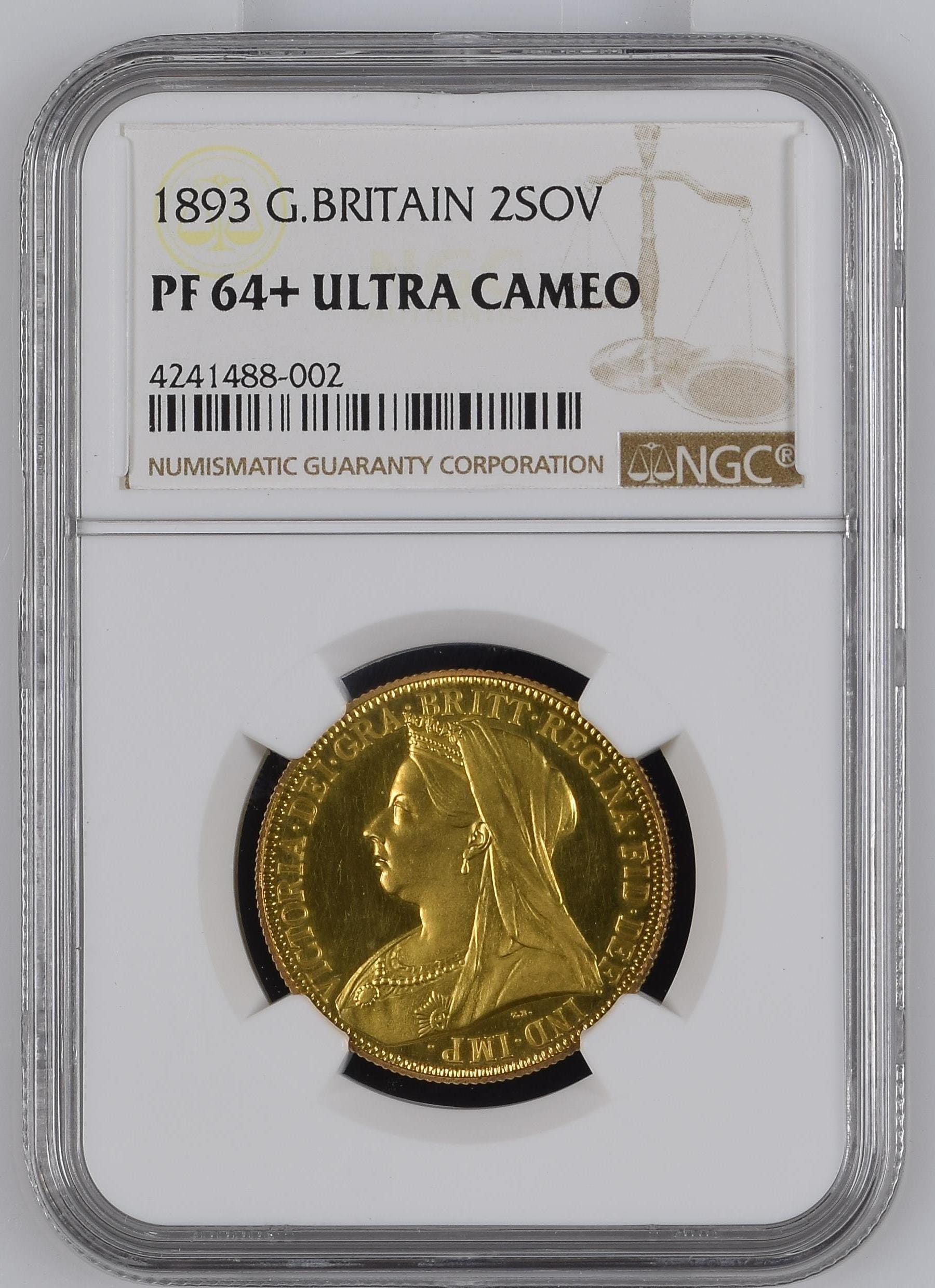 1893年 イギリス 2ポンド金貨 PF64+UCAM ヴィクトリア女王 ヴェール 