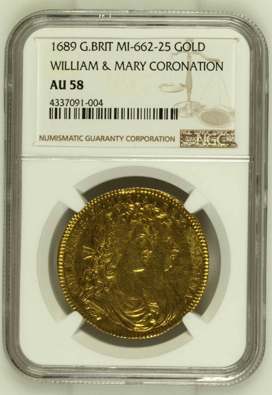 1689年 イギリス ウィリアム3世&メアリー2世 戴冠式 金メダル NGC AU58 