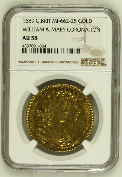 アンティークコインギャラリア 1689年 イギリス ウィリアム3世&メアリー2世 戴冠式 金メダル NGC AU58