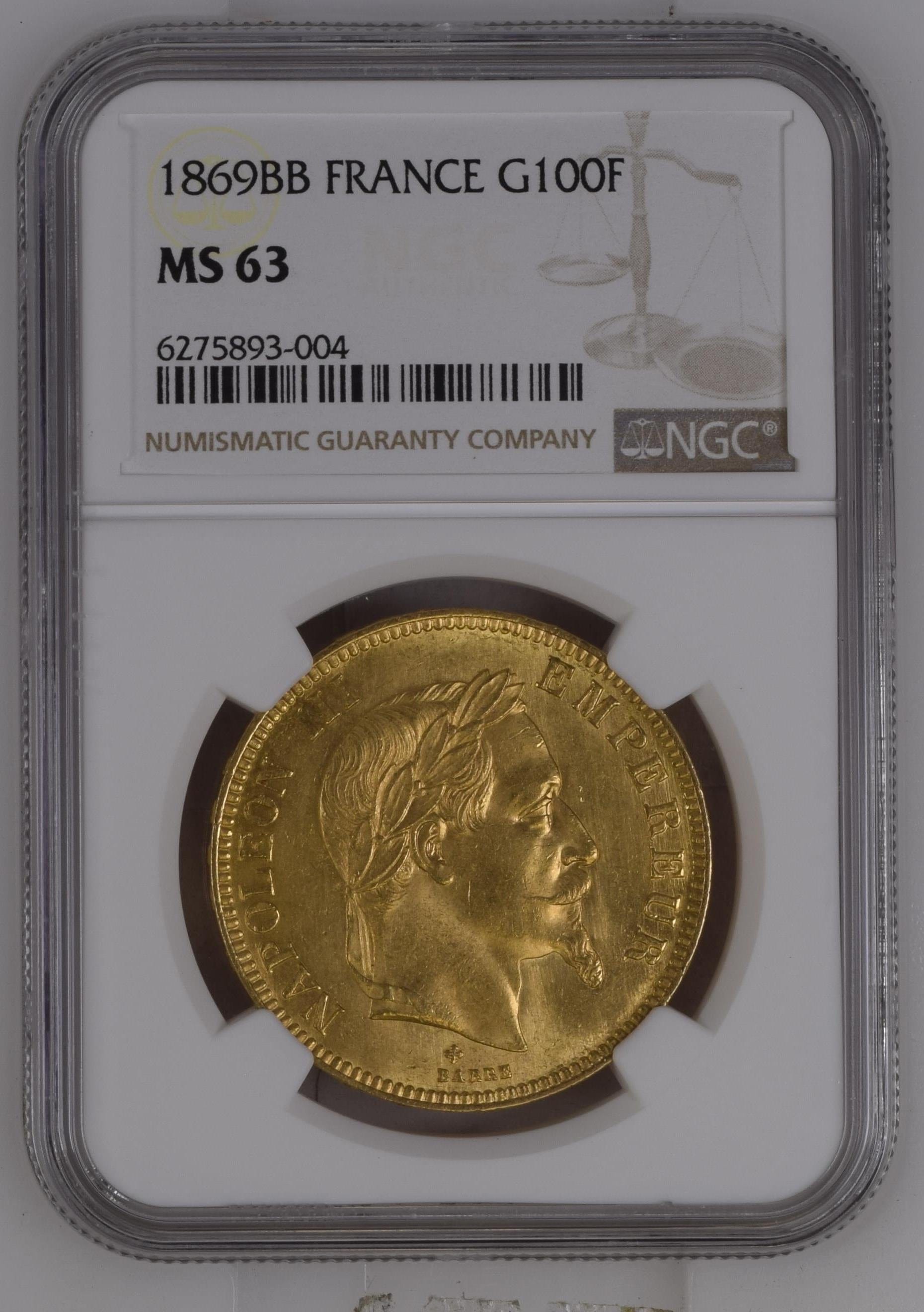 1862年 フランス ナポレオン3世 有冠 100フラン 金貨 NGC MS62 - 旧