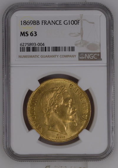 1869年BB フランス 有冠ナポレオン3世100フラン金貨 MS63