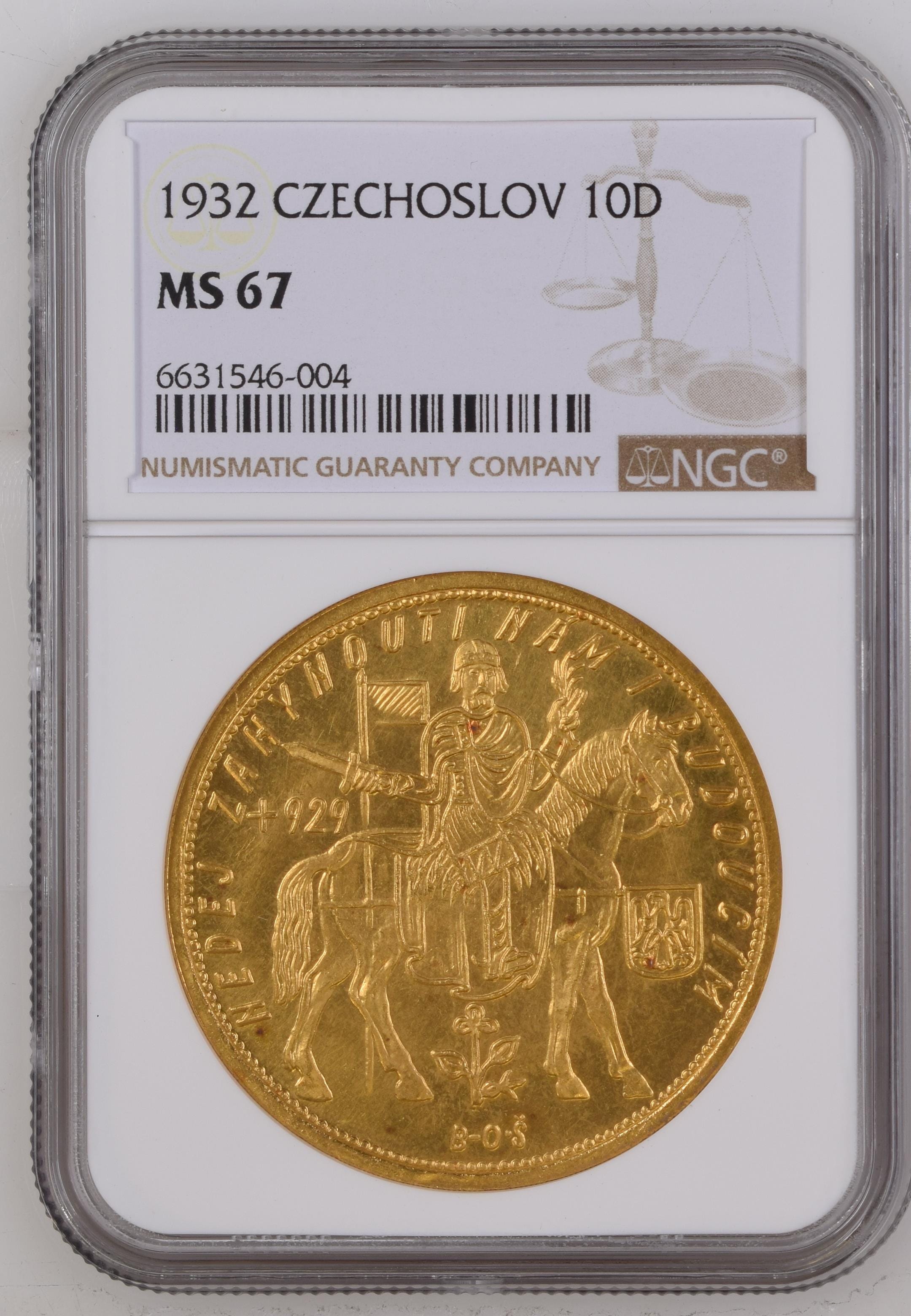 1932年 チェコスロバキア 馬上の聖ヴァーツラフ 10ダカット金貨 NGC