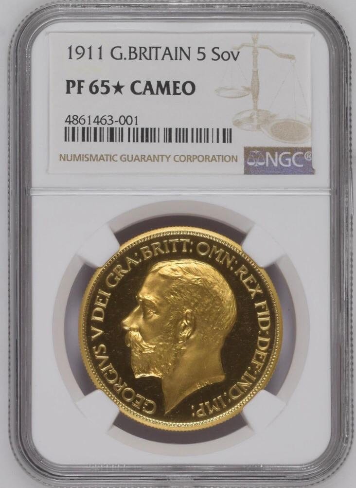 アンティークコインギャラリア 1911年 イギリス ジョージ5世 5ポンド（ソブリン）金貨 NGC PF65★ CAMEO