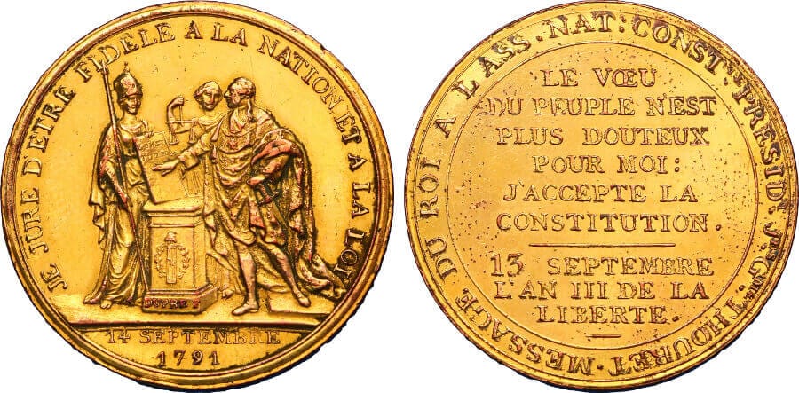 kosuke_dev フランス 革命期 ルイ16世 1791年憲法 金箔銅メダル 準未使用
