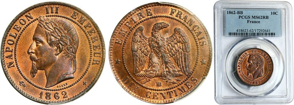 【PCGS MS62】フランス ナポレオン3世 1862年 10セント 銅貨