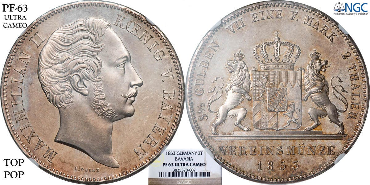 バイエルン王国 ドイツ 1853年 ２ターレル（２ターラー）銀貨 PF 63 ...