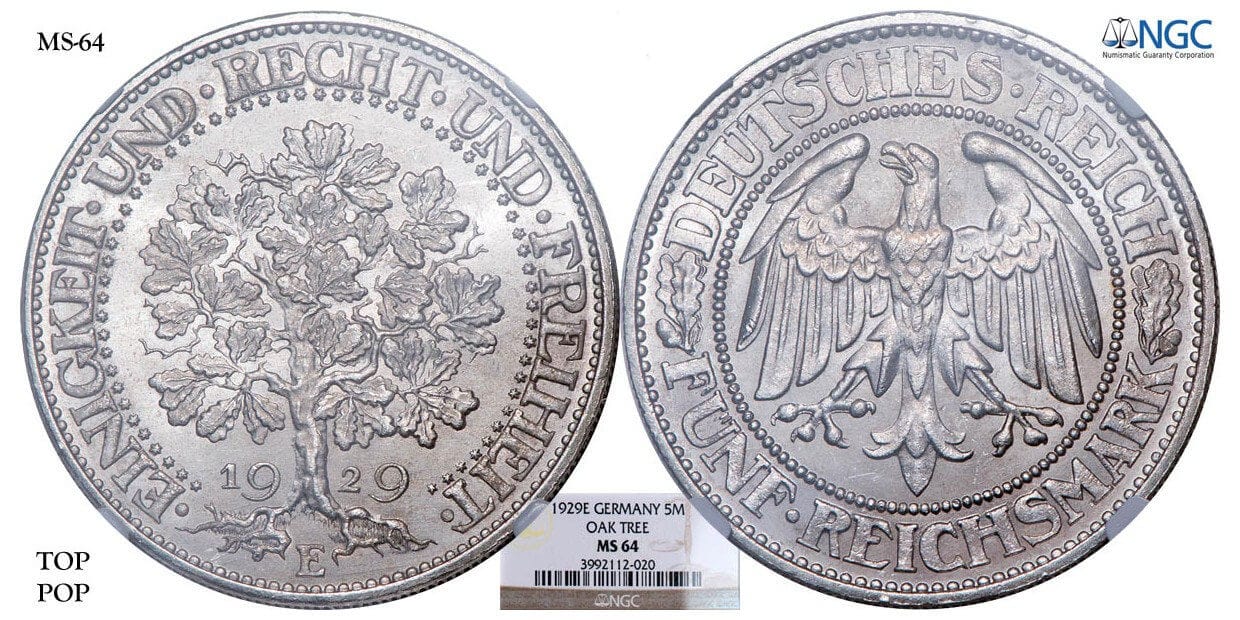 ワイマール共和国 ドイツ 樫の木 1929年 5マルク 銀貨 NGC MS 64