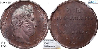 フランス ルイ・フィリップ1世 1831年 5フラン 試鋳貨 ブロンズ NGC MS 65