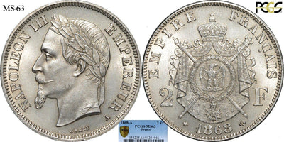 フランス ナポレオン3世 1868年 2フラン 銀貨 PCGS MS 63
