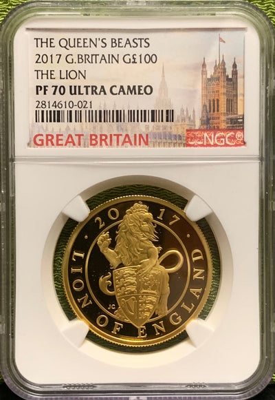 アンティークコインギャラリア 2017年 イギリス  100ポンド ライオンオブイングランド 1オンス金貨 クイーンズビースト NGC PF70 Ultra Cameo