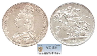 kosuke_dev 【PCGS AU58】イギリス ヴィクトリア 1891年 クラウン銀貨
