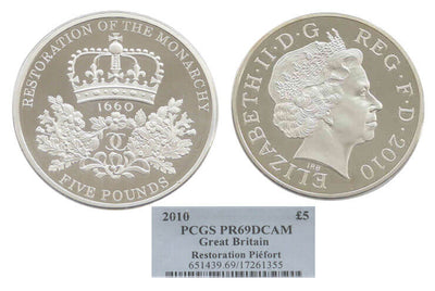 kosuke_dev 【PCGS PR69】イギリス 王政復古 350年記念 2010年 ピエフォー 5ポンド銀貨