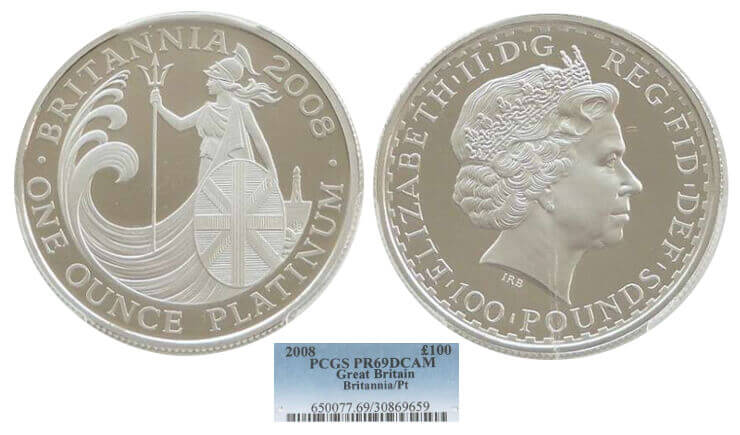 kosuke_dev 【PCGS PR69】イギリス ブリタニア 2008年 100ポンド プラチナ貨