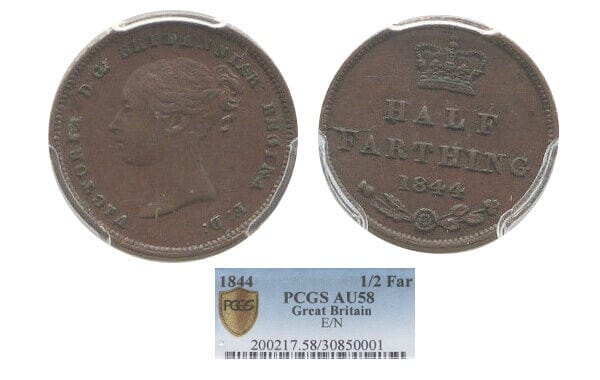 kosuke_dev 【PCGS AU58】イギリス ヴィクトリア 1844年 ハーフファージング銅貨